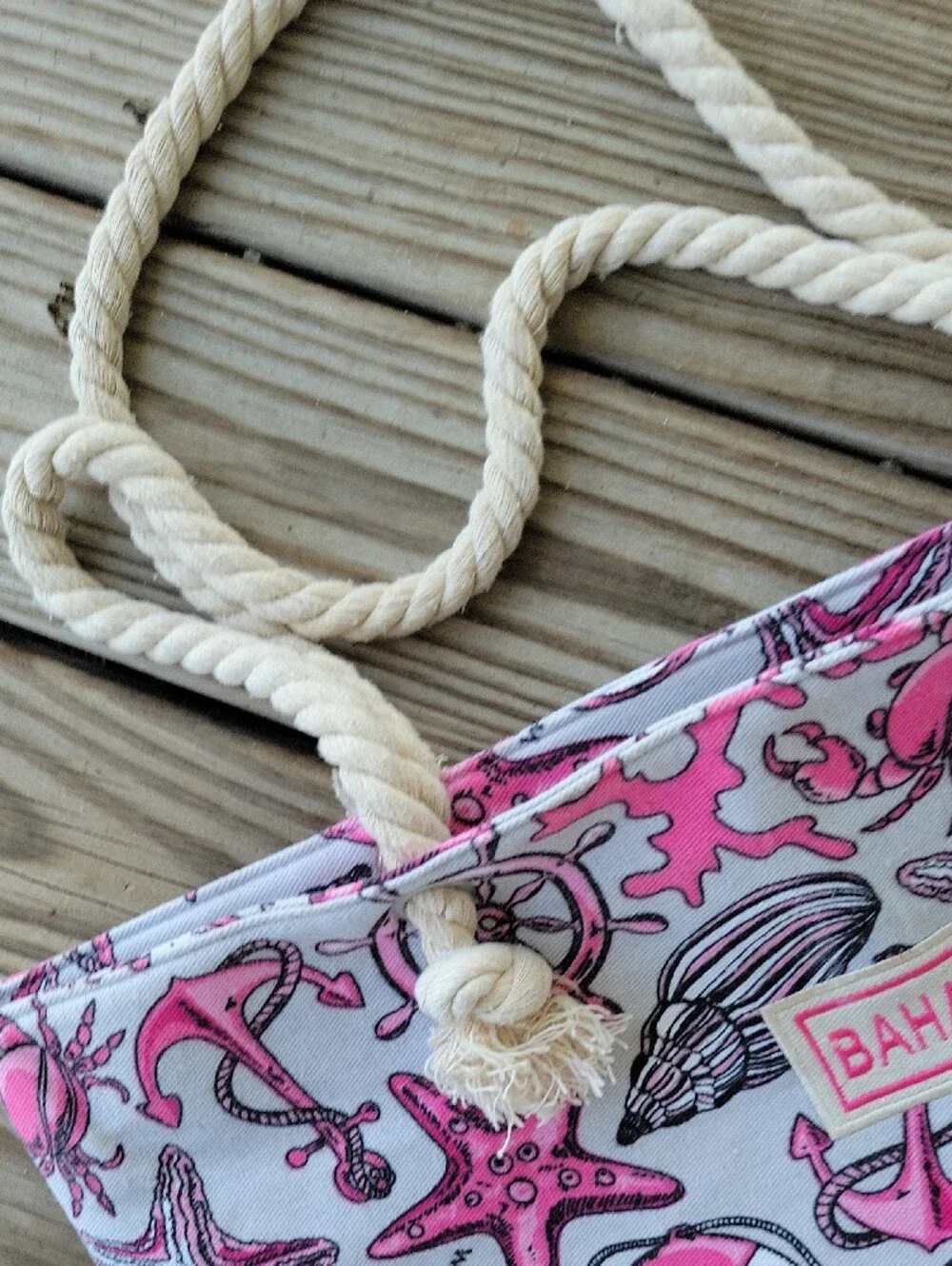 Bahamas Pink Nautical Large Canvas Tote with Rope Handles